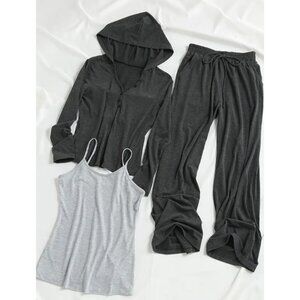Cozy 3-piece Loungewear Outfit – Hooded Vest, Sweatshirt & Wide-Leg Pants